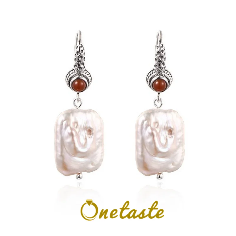 

Trendy Square Baroque Pearl Dangle Earrings For Women 925 Sterling Silver Inlaid Irregular Pearl Agate Drop Earrings 2023 New