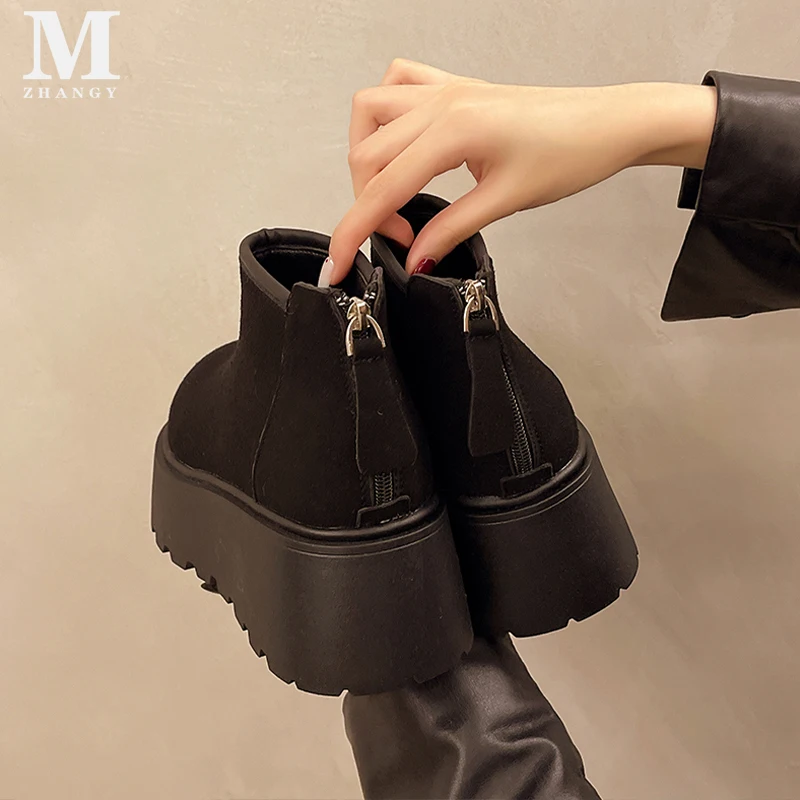 Женские ботинки на плоской подошве платформе ботильоны зимняя замша теплая