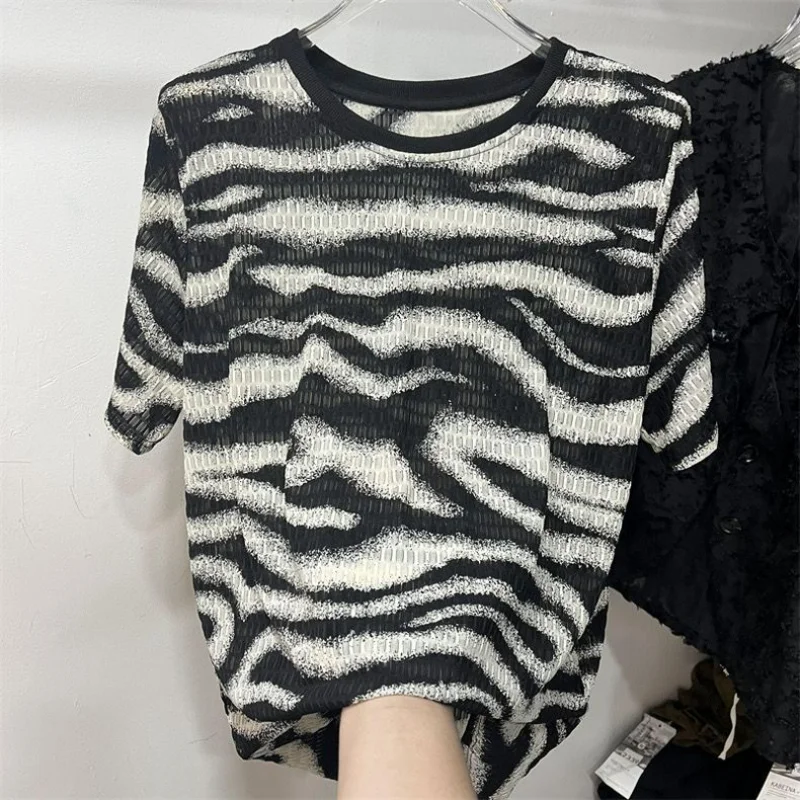 

Contrast Color Zebra Pattern Loose Casual Women T-shirts Y2k Aesthetic Korean Fashion Tees O Neck Short Sleeve Streetwear Tops