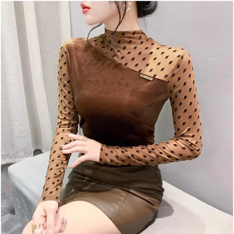 # 8992 Сетчатая велюровая футболка с длинным рукавом женская тонкая винтажная