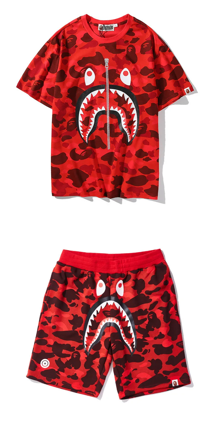 

Japanese Trend Shark Head Short-sleeved Suit Summer Beach Pants Casual Suit Bape Men's and Women's Top Shorts Couple Wear