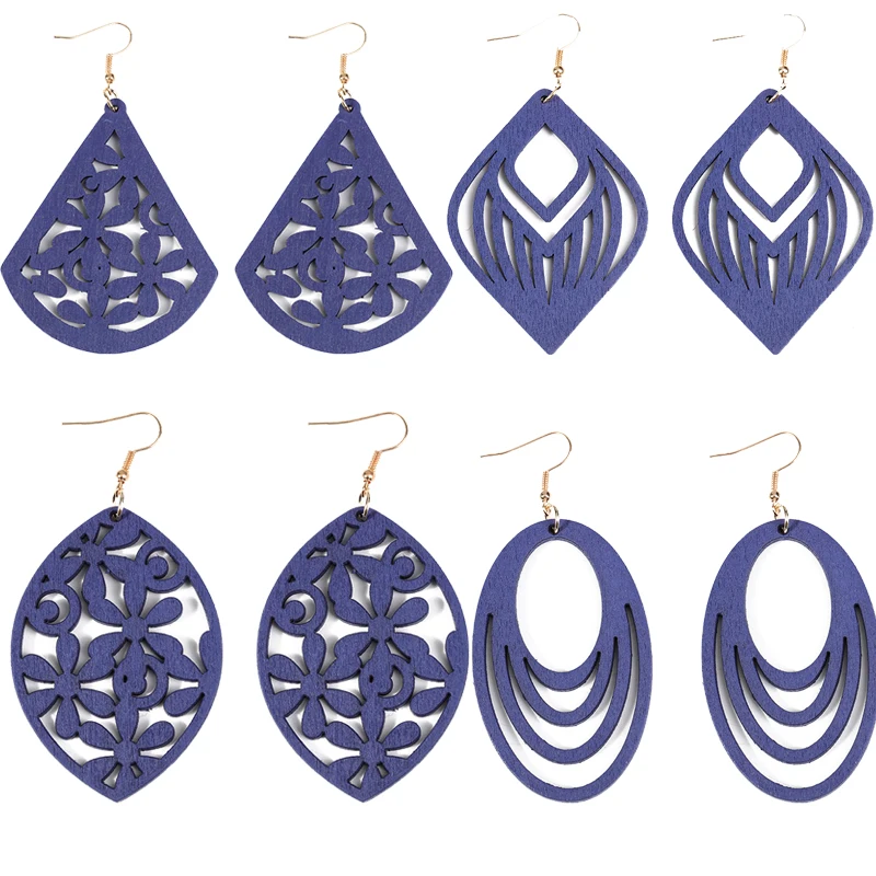 

Fashion Jewelry Blue Wooden Hollow Geometric Drop Earrings Korean Women Statement Earrings Party Gift
