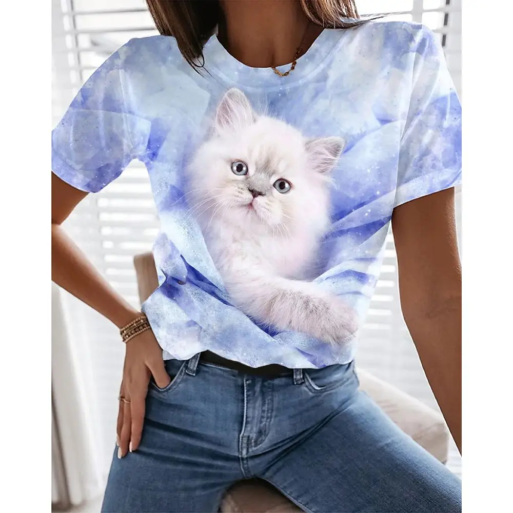 

Summer T-Shirt Women's 3D Printing Cute Cat Fashion Tees 2023 New Harajuku Animal Shirt Short Sleeve Oversized Clothing Camiseta