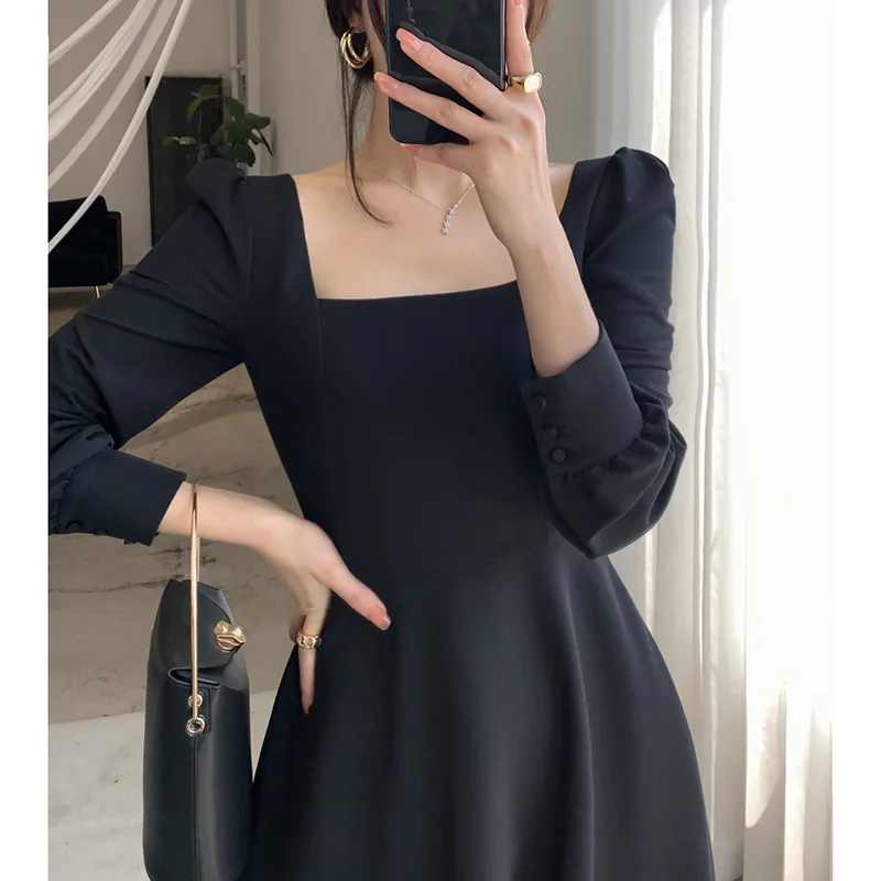 

Spring Autumn 2021 Women New Long-Sleeved Korean Dresses French Vintage Square Neck Black Long Dress Christmas Hepburn Style