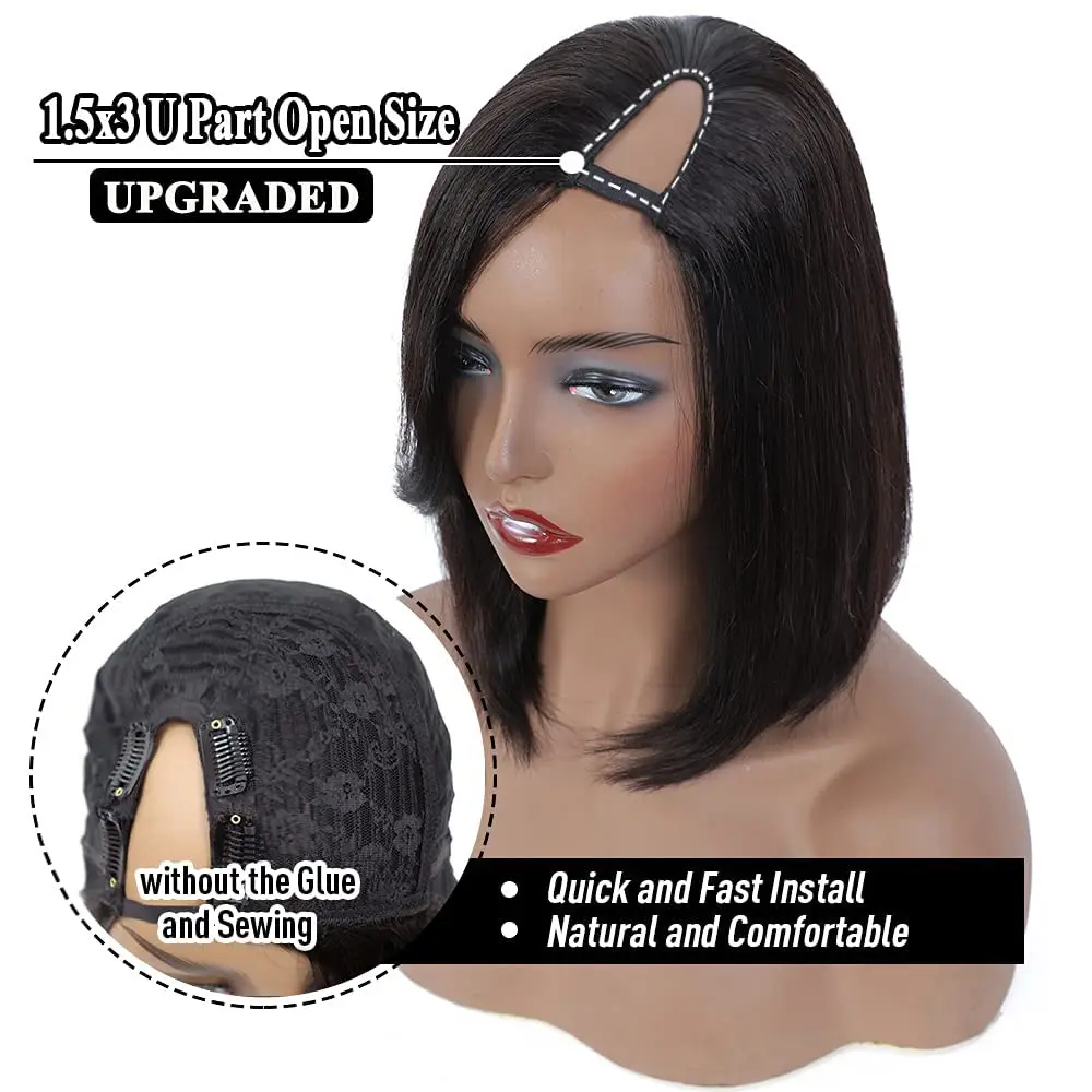 14 Inch Short U Part Bob Wig Brazilian Remy Human Hair Wigs For Black Women Glueless Pre Plucked Natural Hairline U Part Wigs