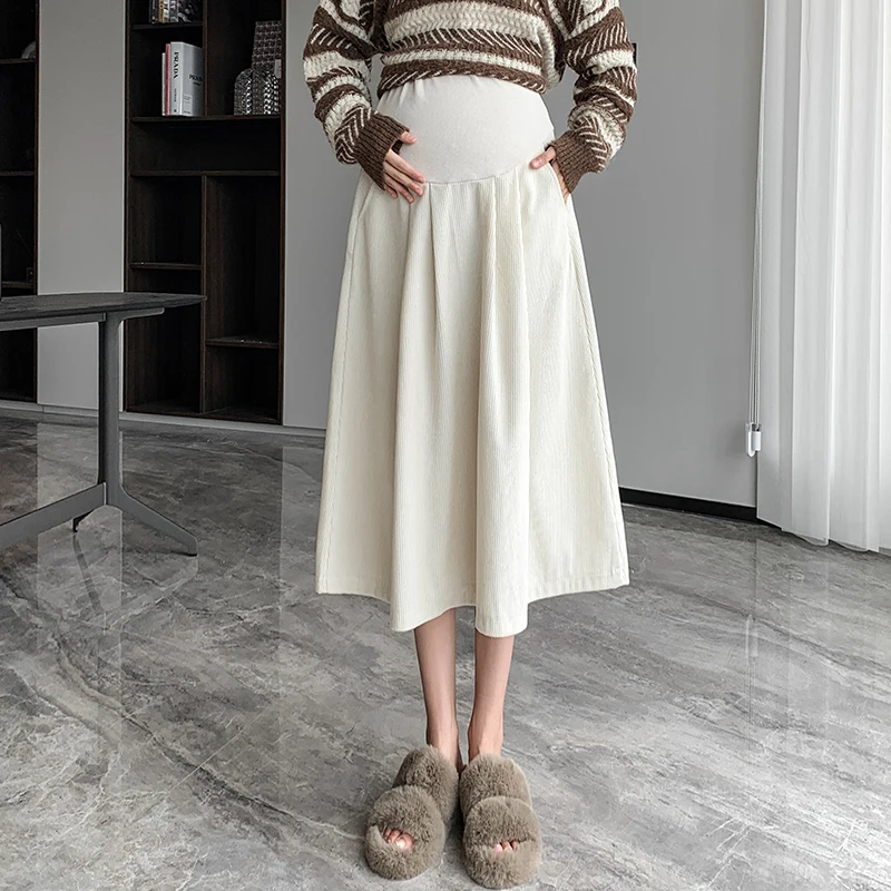 

2213# Autumn Winter Fashion Corduroy Maternity Skirts Elastic Waist Belly A Line Loose Clothes for Pregnant Women Pregnancy Wear