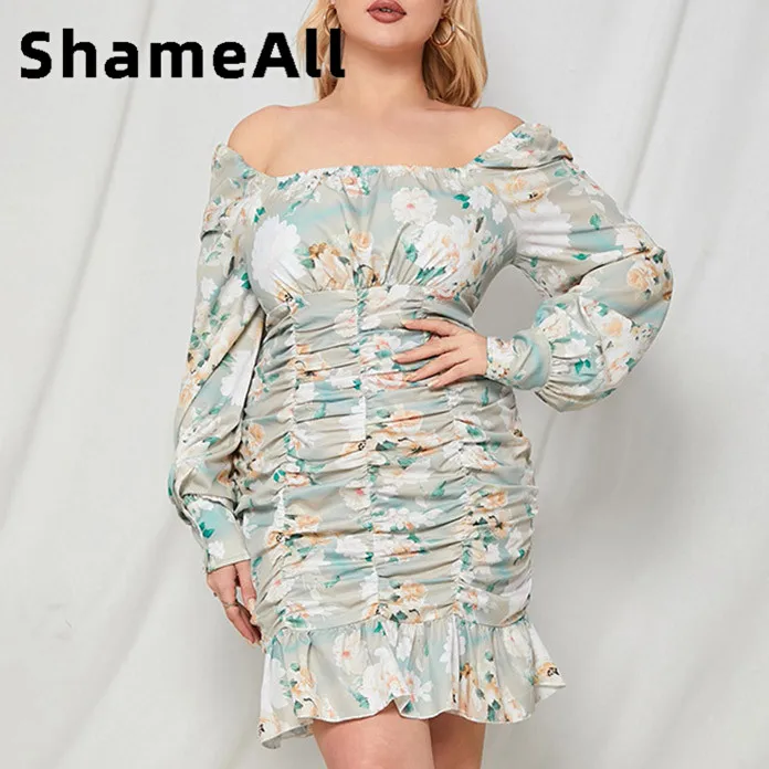

Женское мини-платье с длинным рукавом и цветочным принтом, 4XL