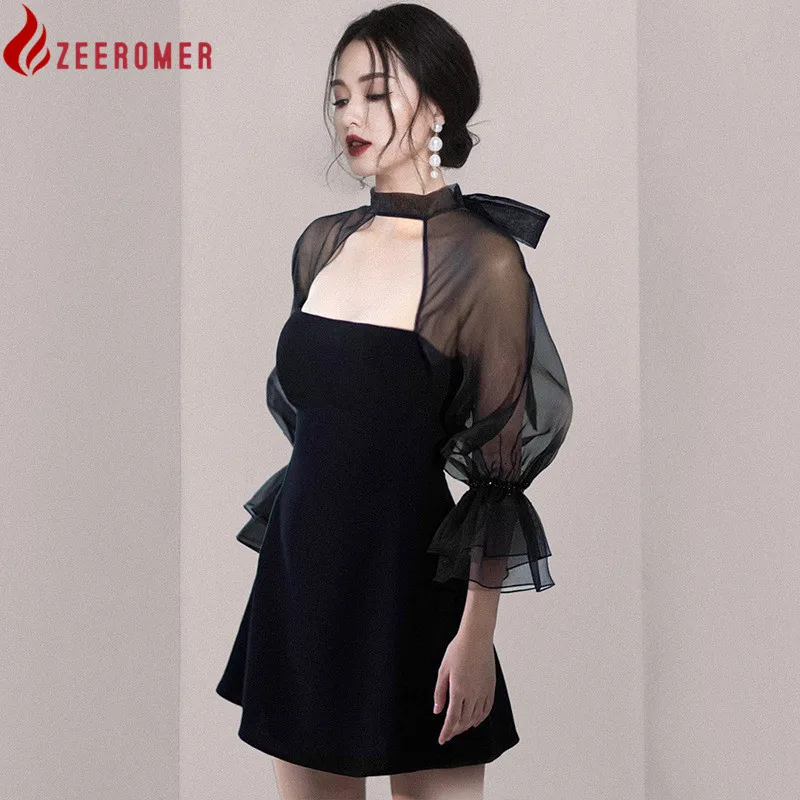 

2022 New Summer Women Black Patchwork Mesh Hollow Out Bow Dress High Quality Long Sleeve Vintage Casual Holiday Dress Vestidos