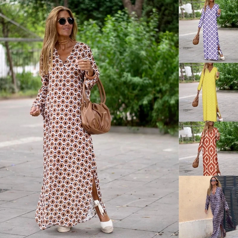 

Loose Fit Casual Dress V-neck Printed Flowers Pullover Long Dresses for Summer