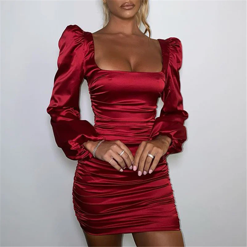 

New Satin Puff-Sleeve Ruched Dress For Women Solid Square Collar Sexy Dresses Ladies Streetwear Backless Zip Vestidos