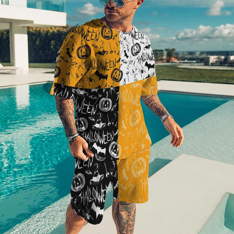 Summer Men's Clothing T-Shirt Shorts with Print Fashion 3D Man Tracksuit 2 Piece Sets Oversized Short Sleeve Sports Suits Black