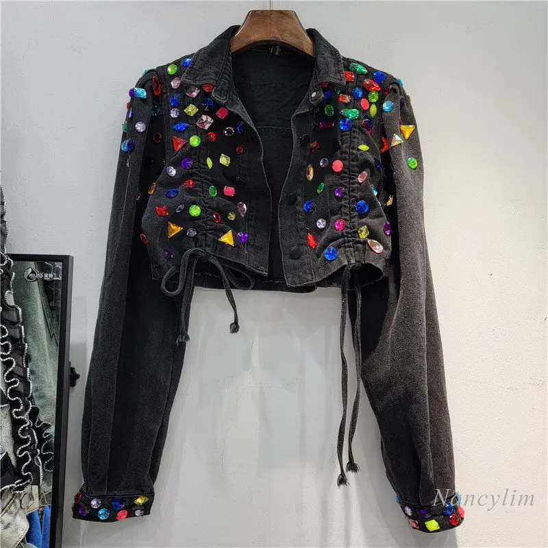 

Short Black Denim Jacket Womans 2023 Spring and Autumn New Drawstring Hand-Stitched Colorful Crystals High Waist Jean Coat Top
