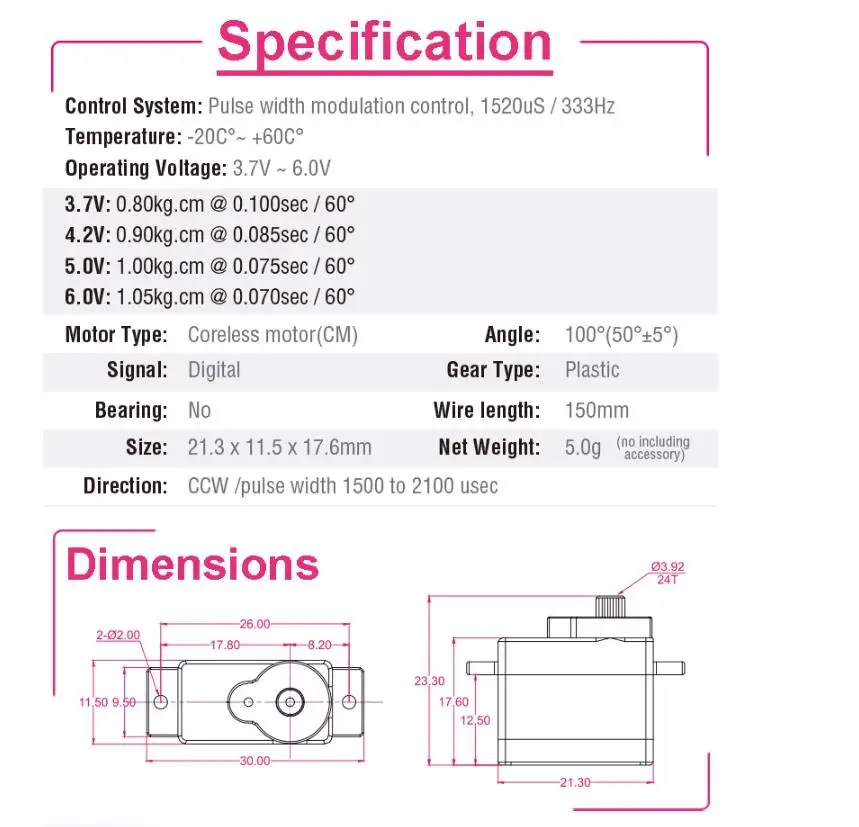 D1802MG 5g-8G Digital Metal Gear Servo 3D EPP micro-aircrafts для flight 1 05 kg.cm @ 6 0 V (6 V): 0.07sec/60 °
