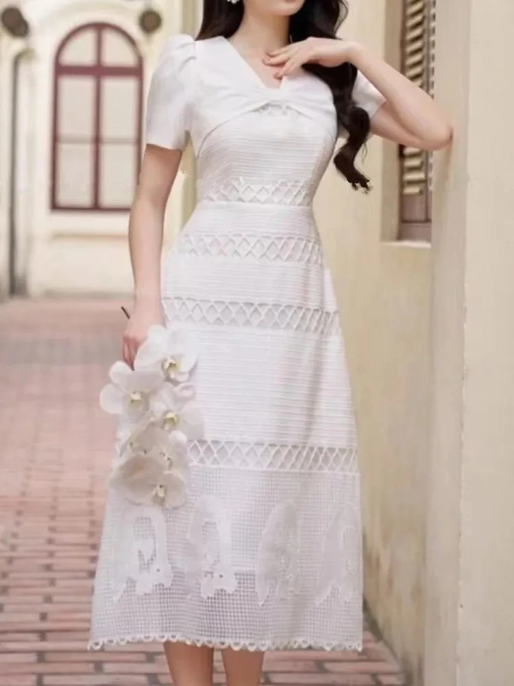 

High Quality Fashion Runway Summer Dress Women V Neck Short Sleeve Lace Hollow Patchwork Dress Female New Clothing