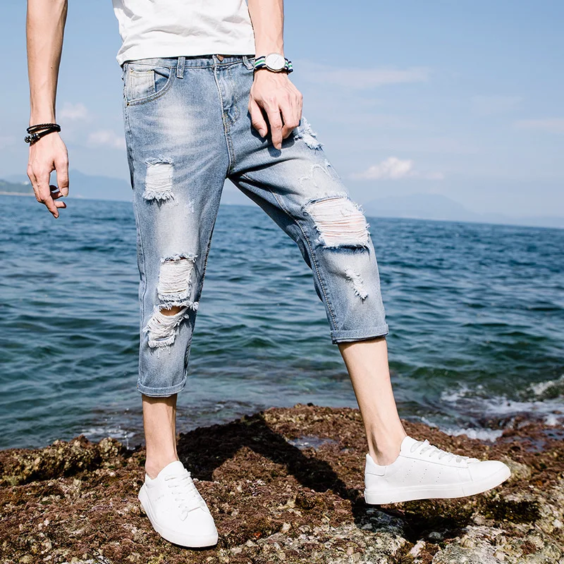 

Модные укороченные мужские джинсовые облегающие брюки с дырками, мужские повседневные летние джинсы длиной до щиколотки, мужские свободные шорты, тонкие брюки в Корейском стиле, 2020