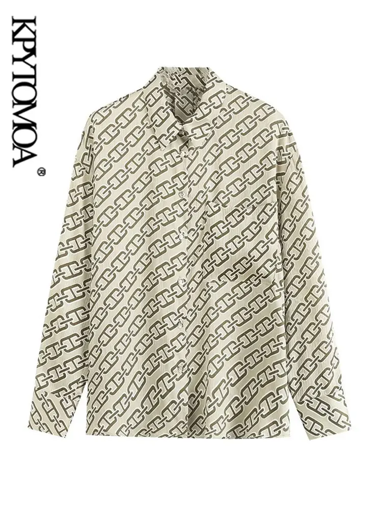 

KPYTOMOA Women Fashion Patch Pocket Chian Print Satin Shirts Vintage Long Sleeve Button-up Female Blouses Blusas Chic Tops