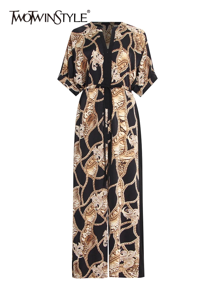 

TWOTWINSTYLE Print Colorblock Jumpsuit For Women V Neck Short Sleeve Patchwork Loose Jumpsuits Female Fashion Clothing Style New