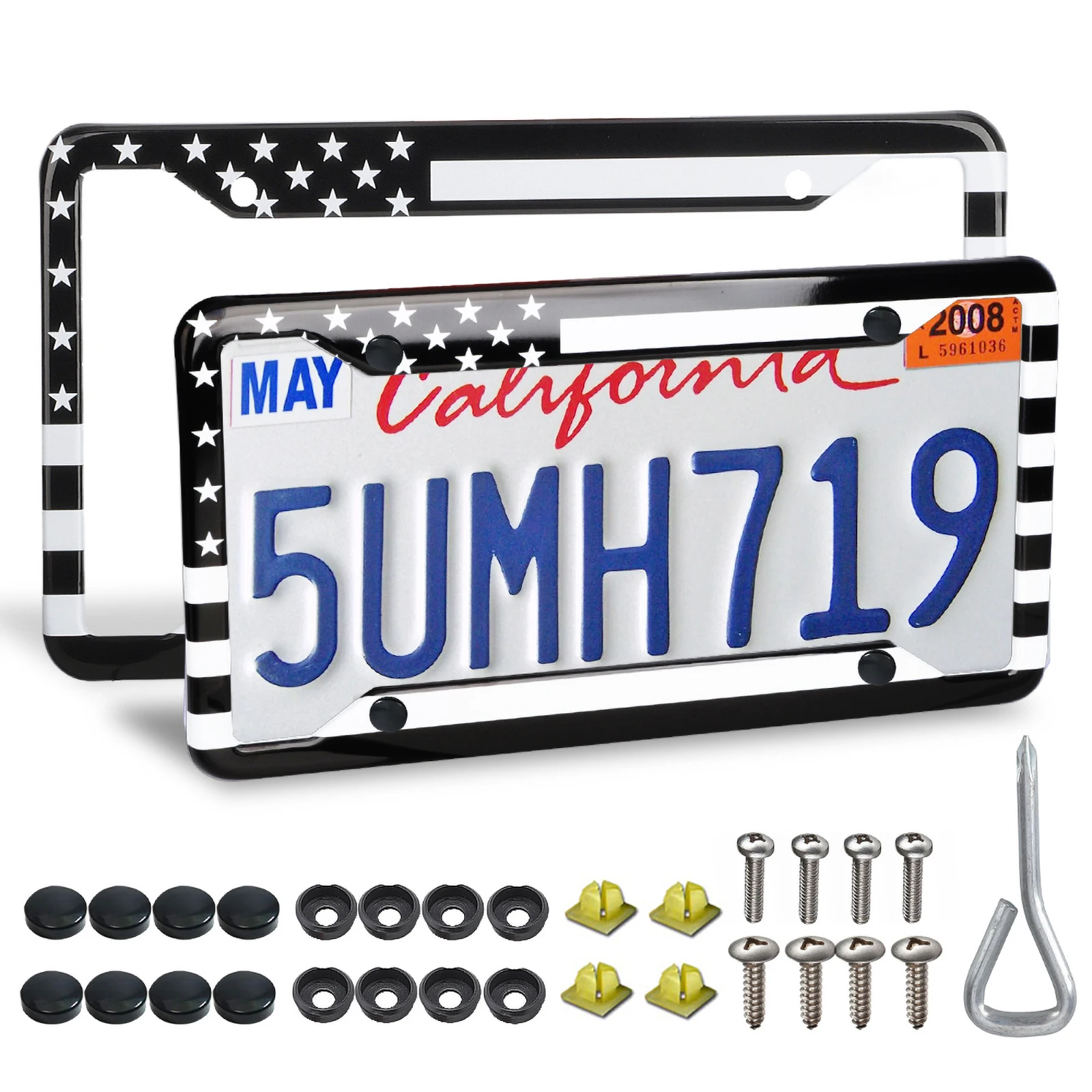 

2PCS Front Rear American Flag Car License Plate Holder Black Aluminum Alloy Frame For Car Number Automotive Exterior Protection