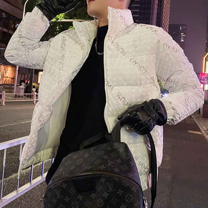 Winter Letter Print Thicken Puffer Parkas Jacket Men Stand Collar Casual Business Coat Hiphop Overcoat Streetwear Men Clothing