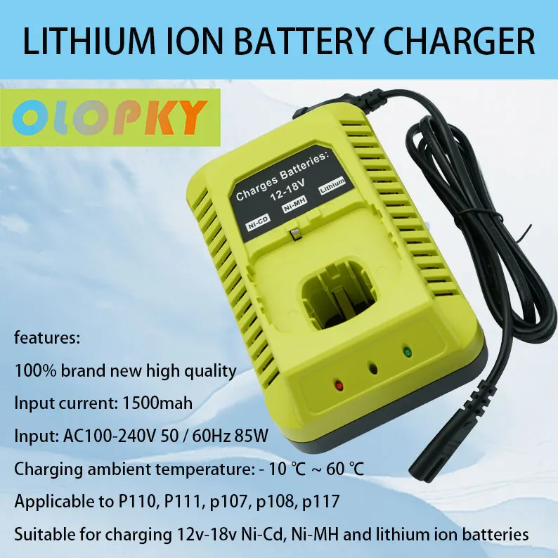 

Chargeur de batterie Li-Ion 12V-18V NI-CD NI-MH pour Ryobi P102-P108, vert citron, adaptateur avec prise EU/US, P117