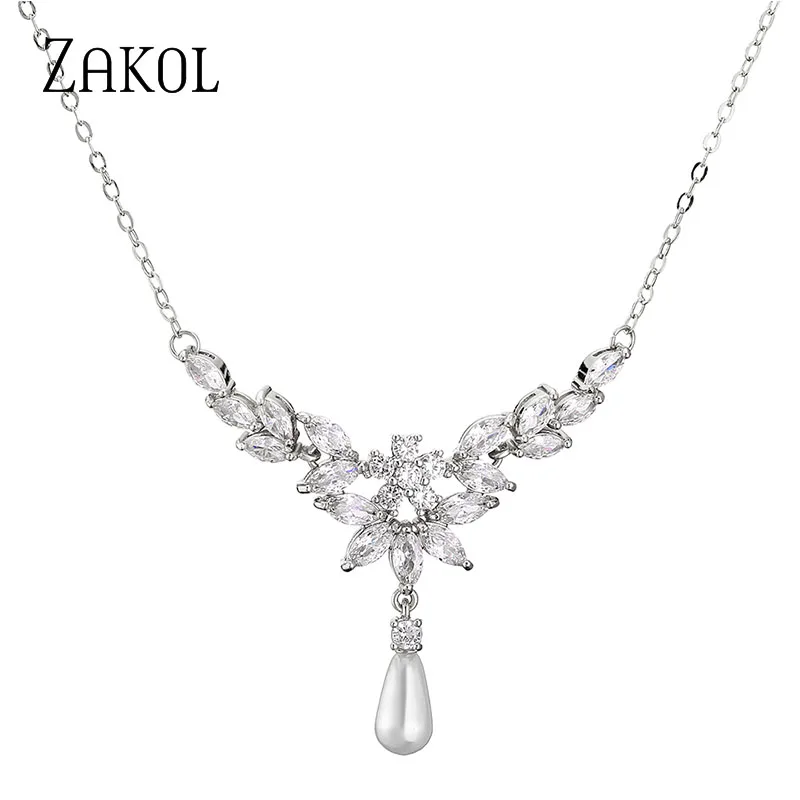 

ZAKOL Luxury Leaf AAA Cubic Zirconia Necklaces Elegant Shiny CZ Pearl Bridal Wedding Chains Chokeer Jewelry for Women NP1019