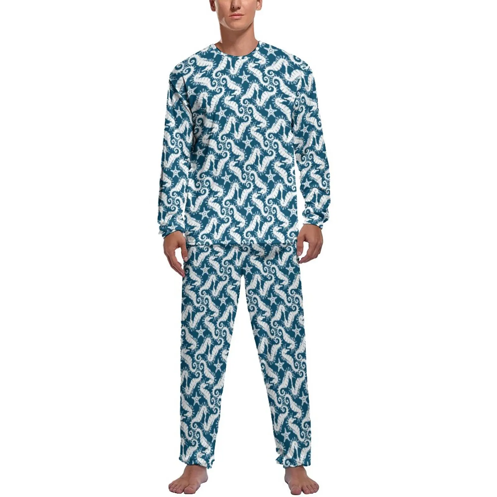 Animal Silhouette Pajamas Spring 2 Pieces Blue Sealife Print Trendy Pajama Sets Man Long Sleeve Aesthetic Design Sleepwear