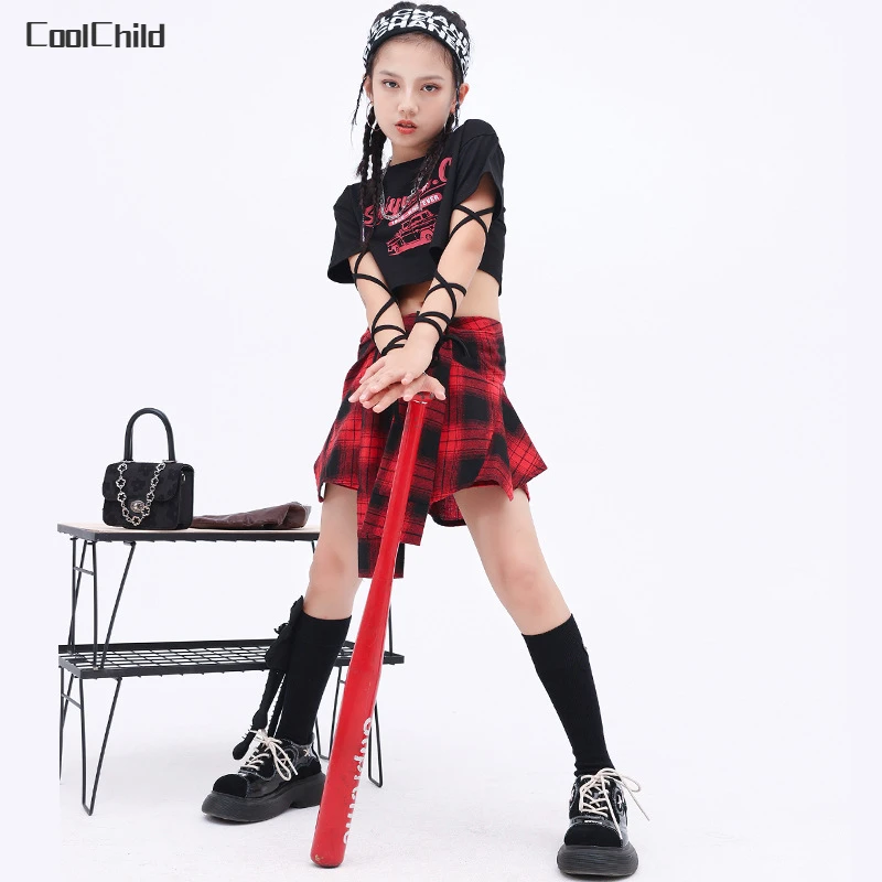 

Бандажная футболка в стиле хип-хоп для девочек, мини-юбка, детский короткий топ, клетчатая юбка-штаны, Детские джазовые юбки-брюки, Женский к...