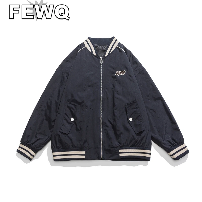 

FEWQ Streetwear Men's Autumn Jackets Striped Embroidery Spliced Round Collar Male Coats Causal Fashion 2022 New Blouse 24B561
