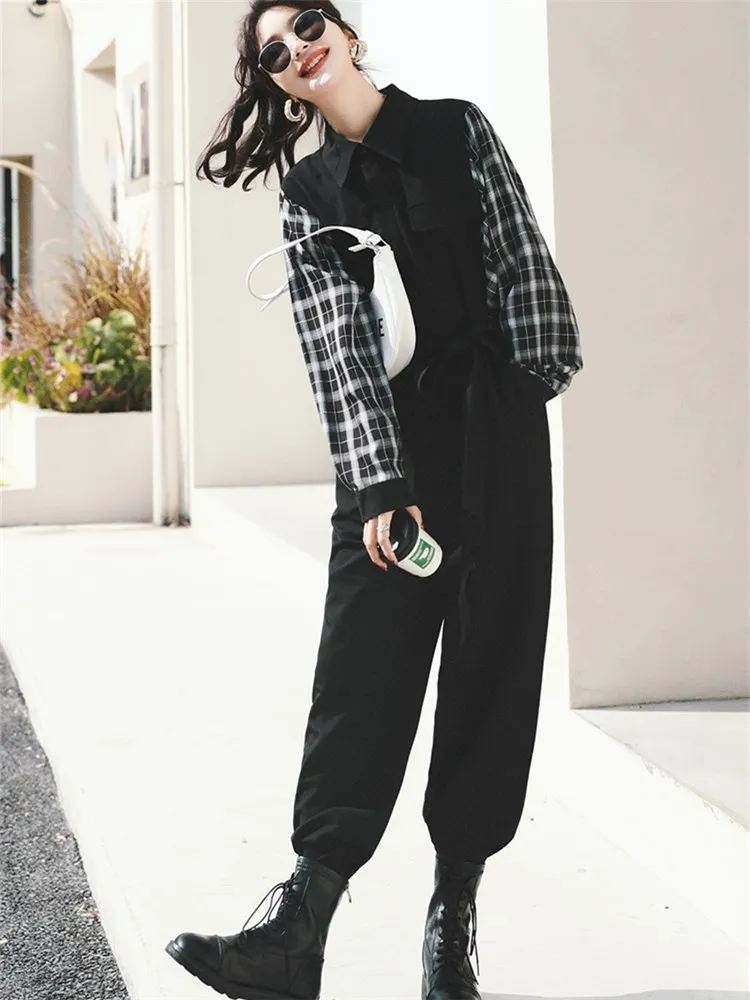 Women Fashion Splice Plaid Black One Piece Jumpsuit 2022 Spring Streetwear Loose Long Sleeve Wide Leg Harem Overalls Romper 8522 |