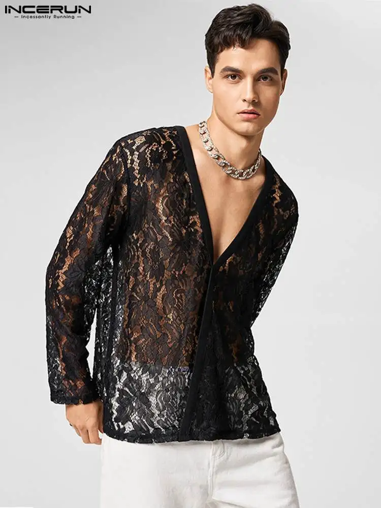 

Сексуальные стильные топы для отдыха INCERUN, Мужская прозрачная блузка с воротником без воротника, Стильная мужская прозрачная рубашка с длин...