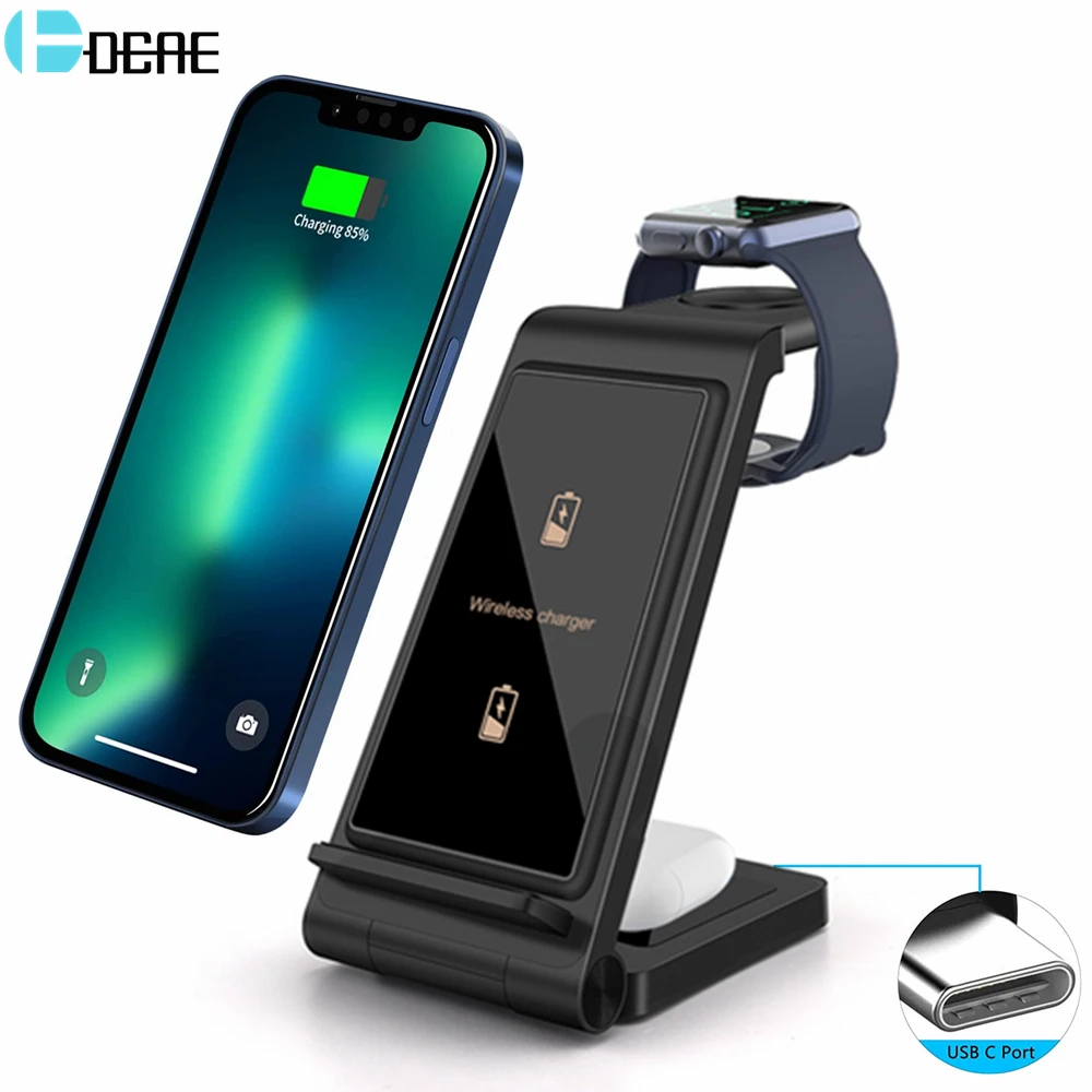 3 в 1 15 Вт Беспроводное зарядное устройство Подставка для Apple Watch 8 7 6 5 AirPods Pro iPhone 14 13 12 11 XR X 8 Индукционная быстрая зарядная станция