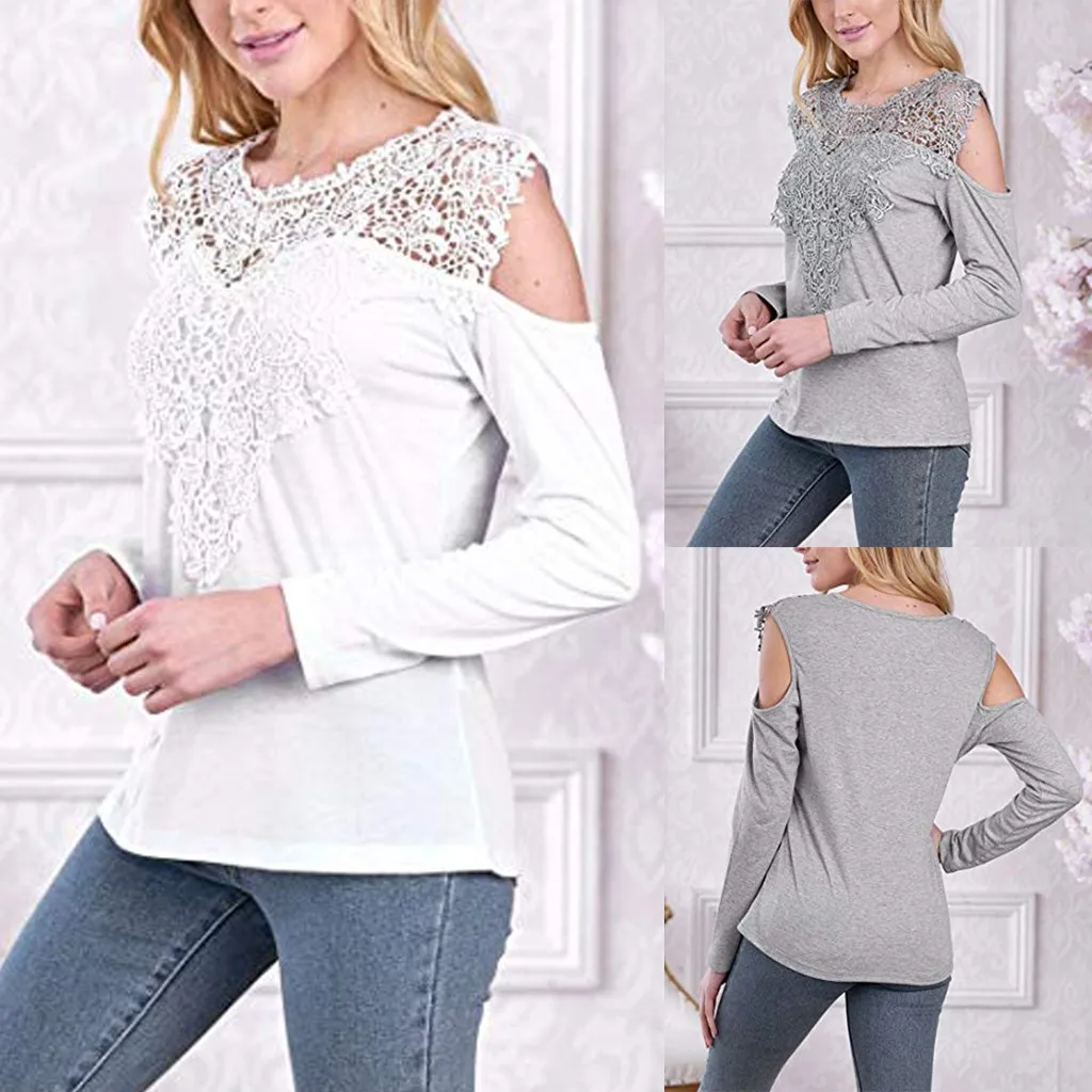 

Fashion Sexy Women's Lace Patchwork T-Shirt Long Sleeve Cold Shoulder Tops