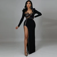 adogirl 2 piece sets womens outfits sexy club wear see through lace bodysuit long sleeve high slit maxi dresses matching sets