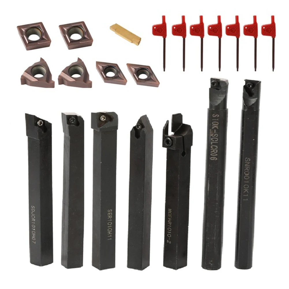 

21PCS 10mm Shank Lathe Turning Tool Holder Boring Bar With Carbide Inserts Lathe Cutter Metal Turning Rod Holders And Inserts