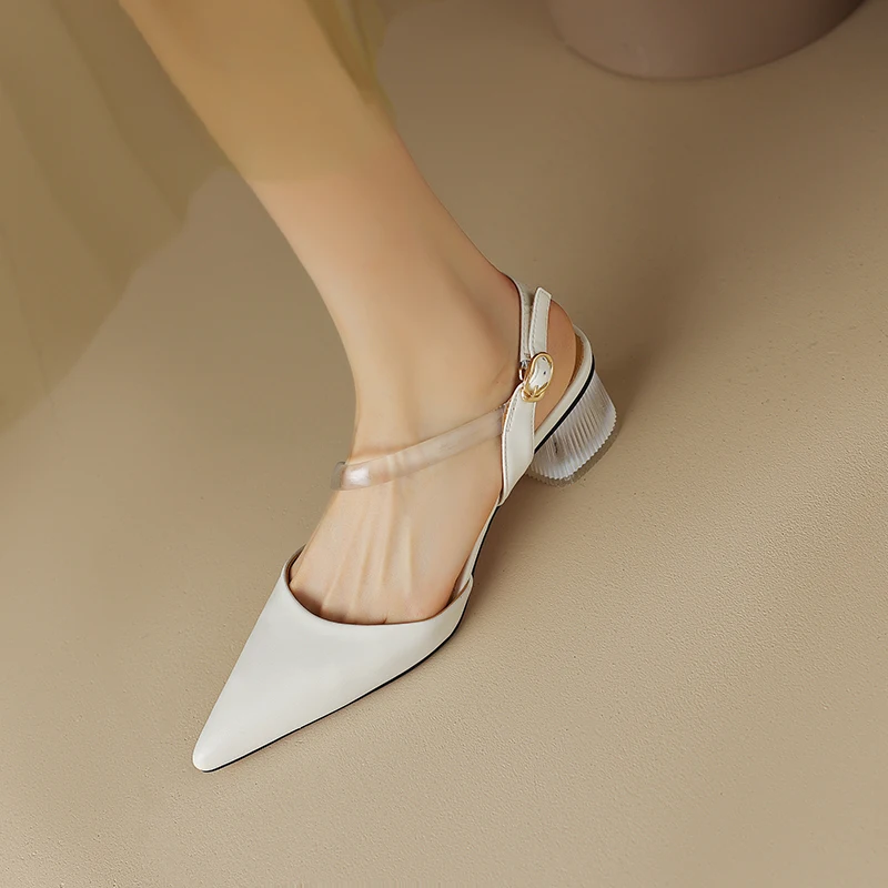 2023 New Split Leather Women's Sandals Summer Pointed Toe Thick Heel Color Matching Lazy Shoes Japanese Style Luxury Sandals