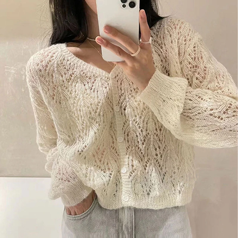 

2023 Autumn V Neck Knitted Cardigan Sweater Women Elegant Casual Soft Mohair Cardigans Long Sleeve Hollow Out Crop Coat 29002