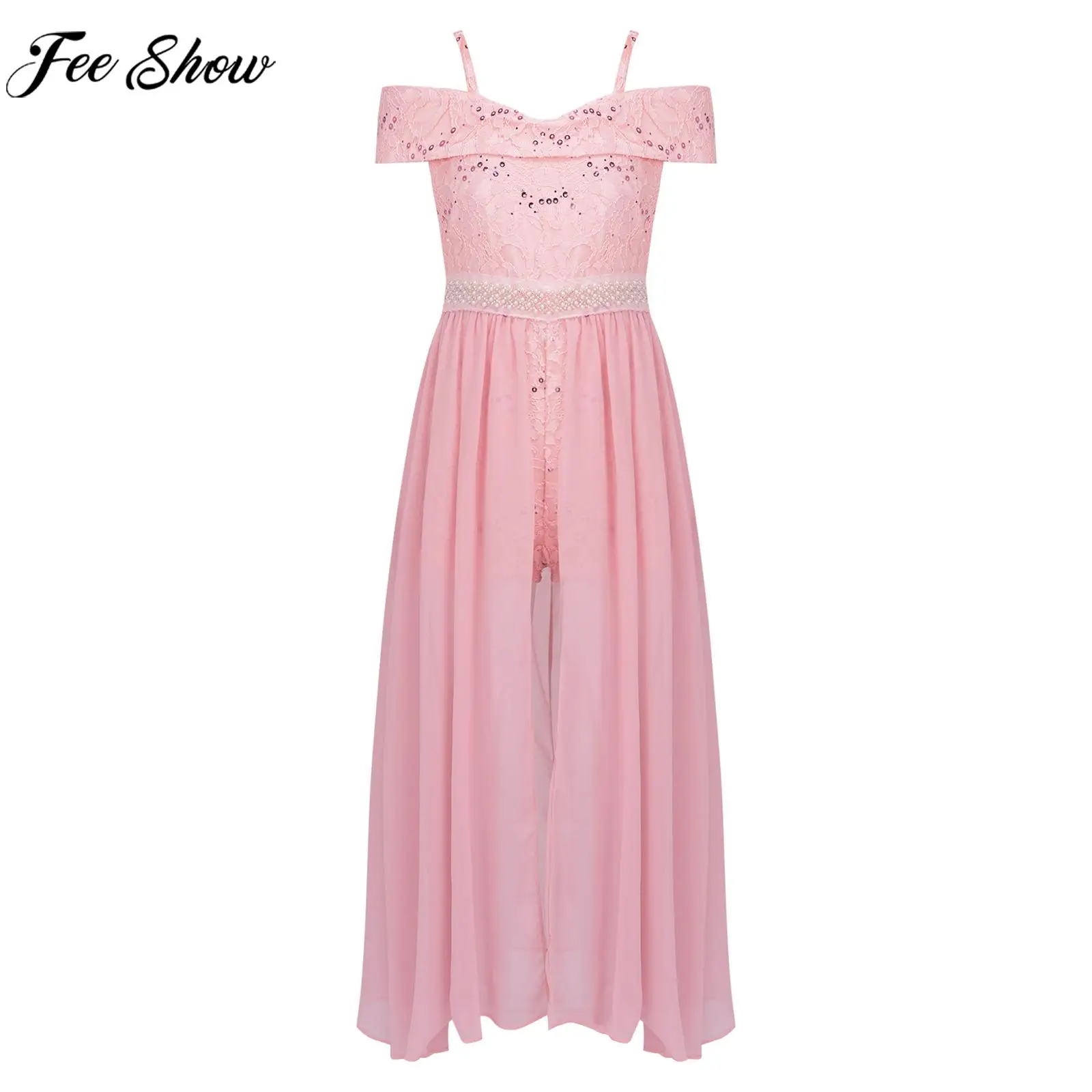 

Girls Elegant Wedding Birthday Party Dress Off Shoulder Beaded Sequins Lace Slit Chiffon Leotard Formal Dress for Dance Evening
