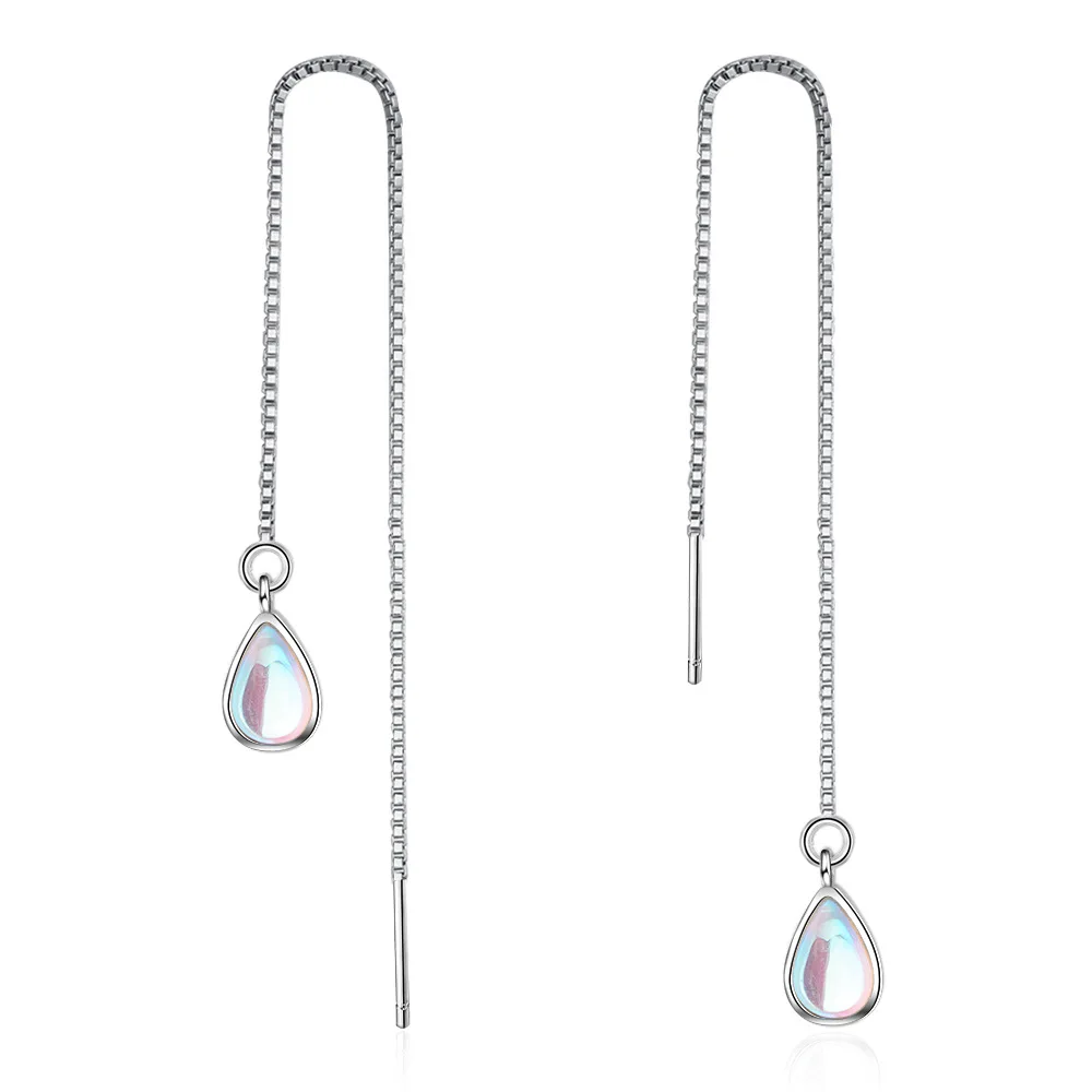 

100% 925 Sterling Silver Women's Long Tassel Drop Earrings Origin Moonstone Silver 925 Jewelry Aros Mujer Oreja Orecchini