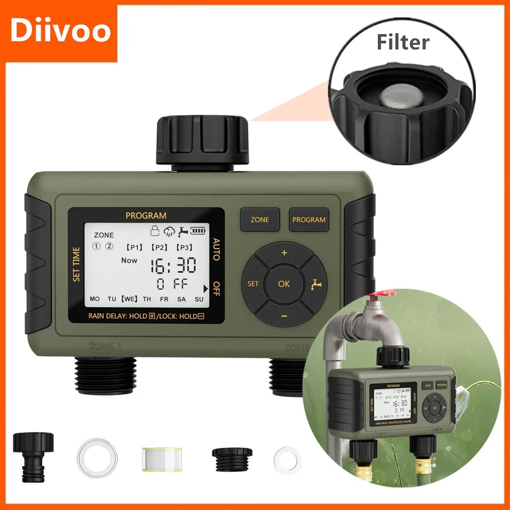 

Diivoo Garden Hose Water Timer 2 Outlet, Automatic Irrigation Timer with Rain Delay and Manual Watering, Sprinkler Timer 2 Zone