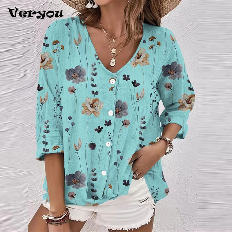 

New Autumn Casual Graphic Print T-Shirt Women V Neck Elegant Long Sleeve Loose Button T Shirts For Women Fashion Tee Tops 2023