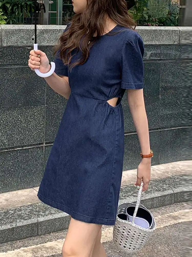 

2023 VONDA летнее женское сексуальное джинсовое платье с коротким рукавом-фонариком, однотонное женское платье, модное повседневное ажурное мини-платье с поясом