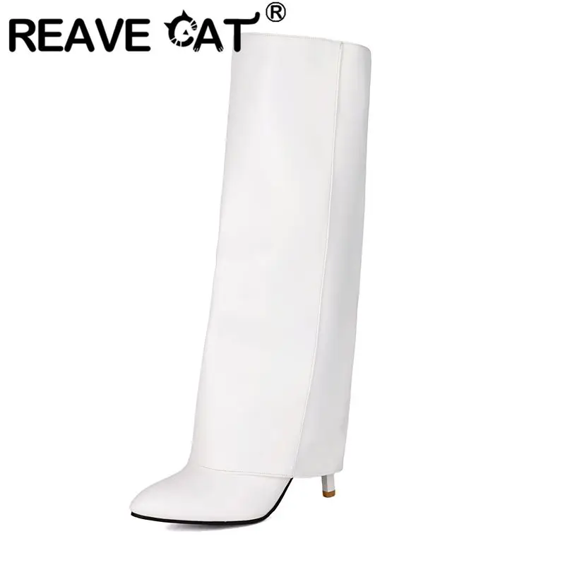 Фото REAVE CAT 2025 Модные пикантные женские ботинки с круглым носком на тонком каблуке 8,7 см на молнии размера плюс 44 45 46 47 Ботильоны до колена для вечеринок и свиданий №1