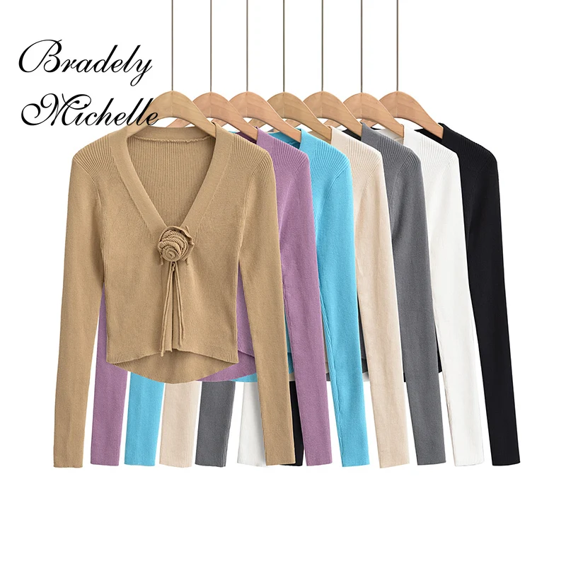 

Vintage Sexy Tops for Girls Retro Long-sleeved V-Neck Knitted Solid Knit Slim Cardigan Sweaters