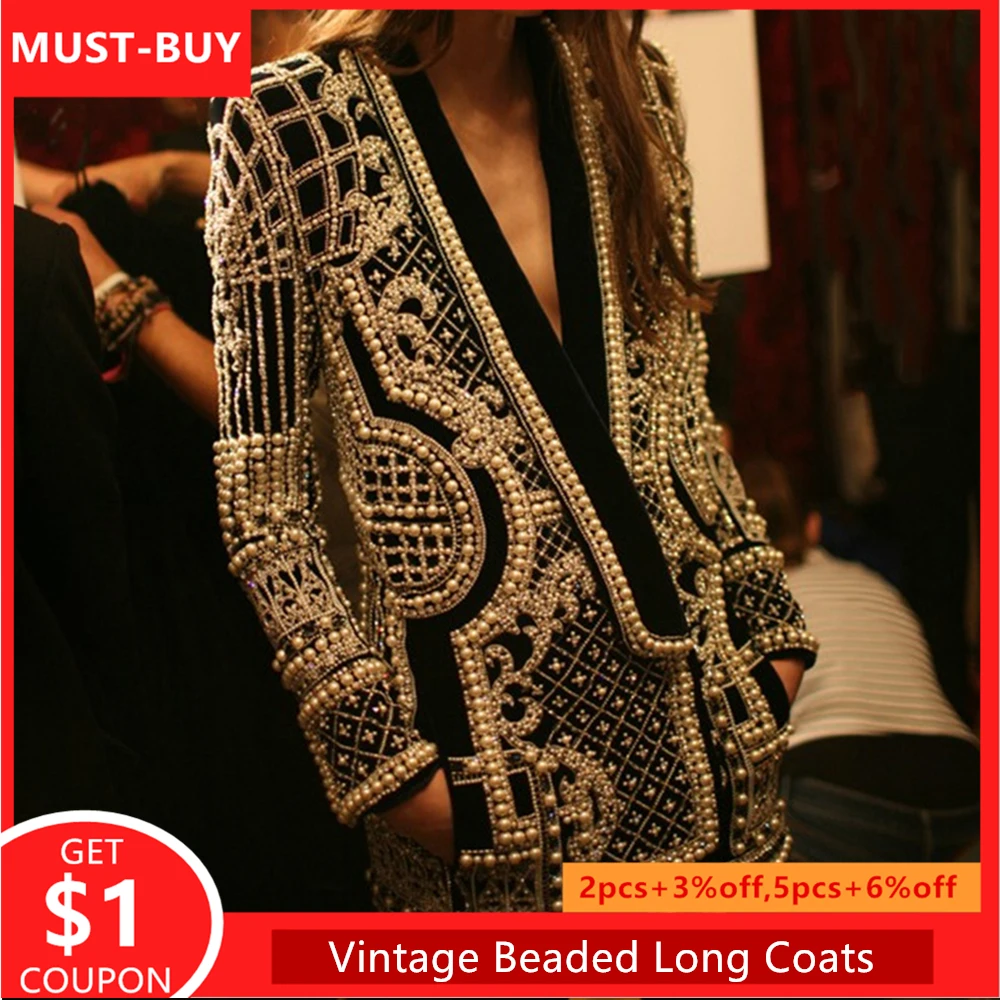 

Spring Autumn Jacket Coat Women Bead Vintage Pearl Jackets Suit Overcoat Female Retro Fashion V-Neck Outwear Blazer Long Coats