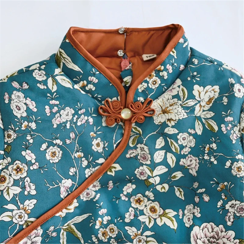 Cheongsam синее зимнее платье с павлином для девочек китайский стиль новогодние