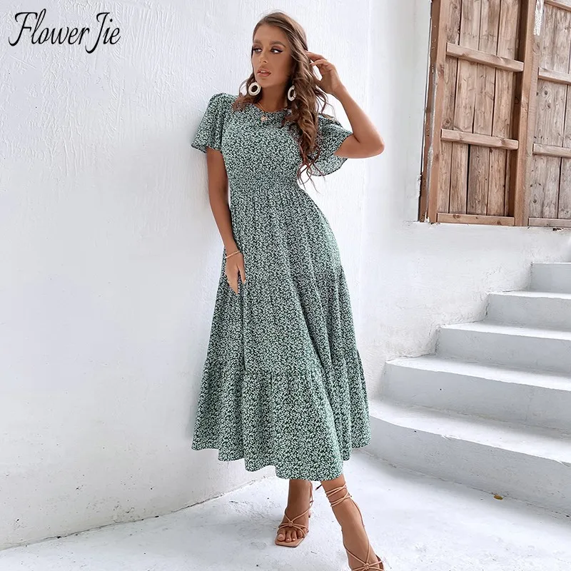

Flower Jie Summer Maxi Dress Women 2022 Casual Loose Short Sleeve O-Neck Vestidos Mujer Bohemian Green Long Dresses Female