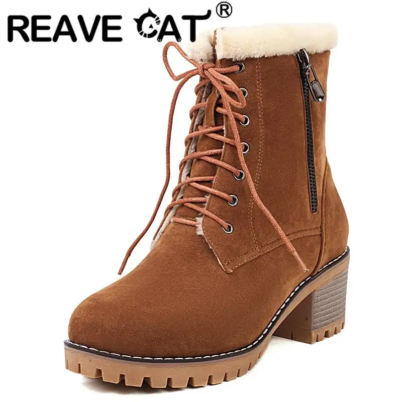 

REAVE CAT Womans Snow Winter Boots Plush Round Toe Block Heel 5.5cm Zipper Lace Up Plus Size 43 Casual Warm Shoes For Lady S4397