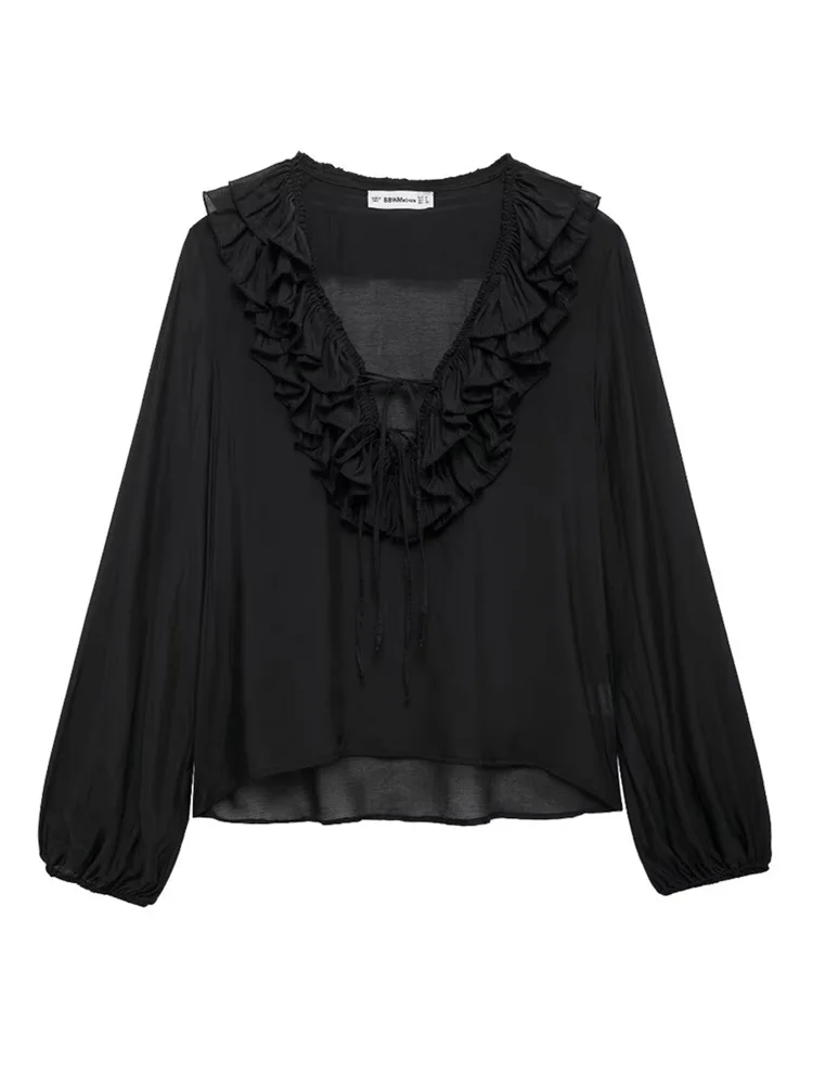 Zevity Женская модная Свободная блузка с длинным рукавом и V-образным вырезом