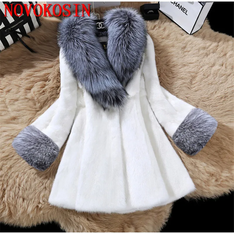 2 Color 5XL Thick Long Faux Mink Fur Winter Warm Coat With Pocket Women Silver Fox Collar Long Sleeves Slim Cardigan Streetwear