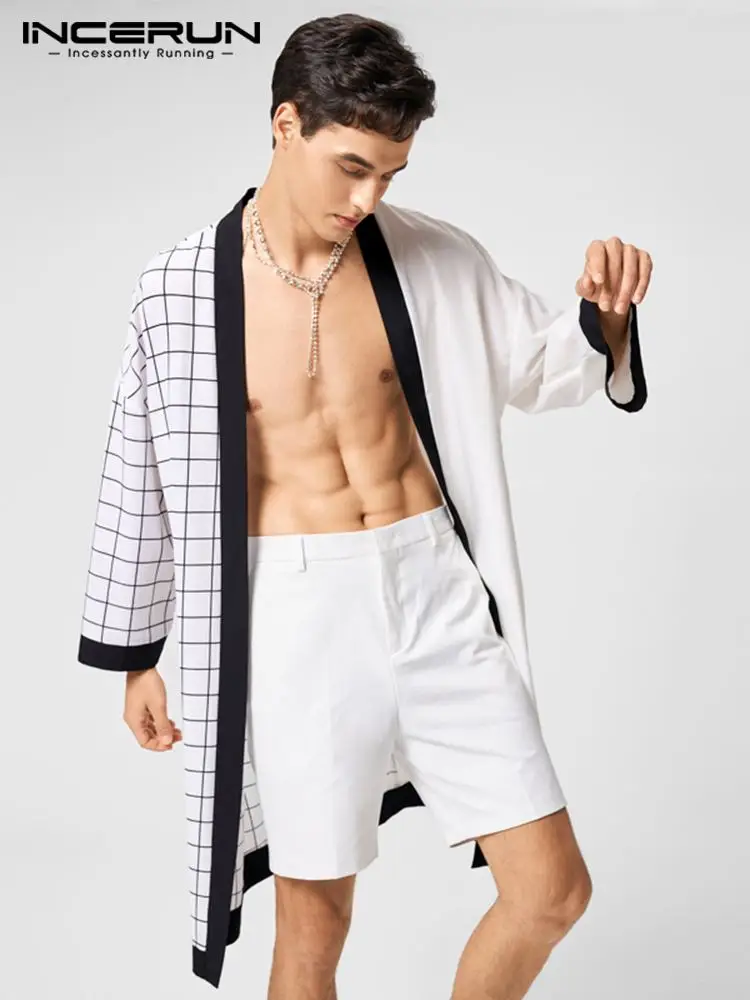 

Рубашка INCERUN 2022 Мужская в клетку, уличная одежда в стиле пэчворк, с длинным рукавом, открытый шов, длинная Стильная верхняя одежда, модный Пов...